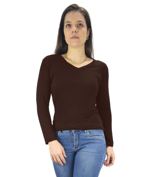 Blusa Feminina Longa Gola V Segunda Pele Básica Tshirt Marrom